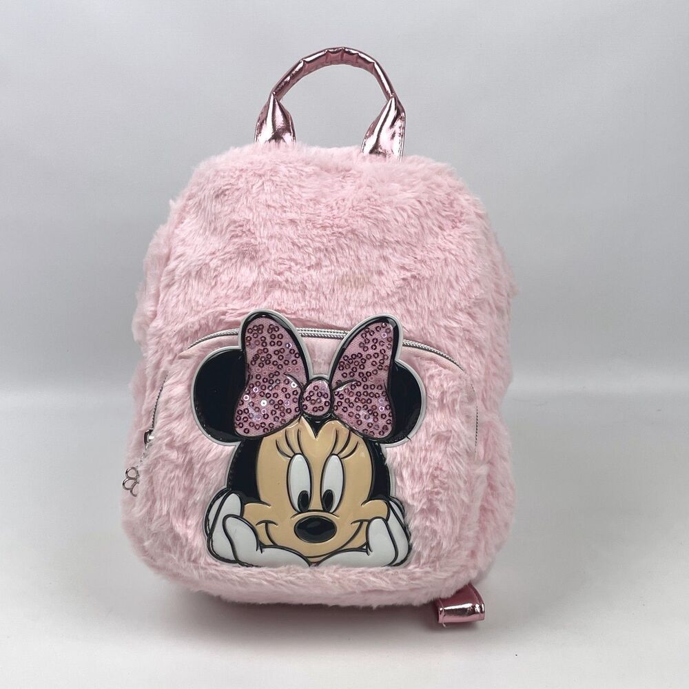 Disney Minnie Mouse Faux Fur Mini Backpack Pink Fuzzy Sequin Bag EUC